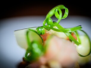 Nahaufnahme eines Gourmetgerichts mit grünem Zwiebellauch auf weißem Teller